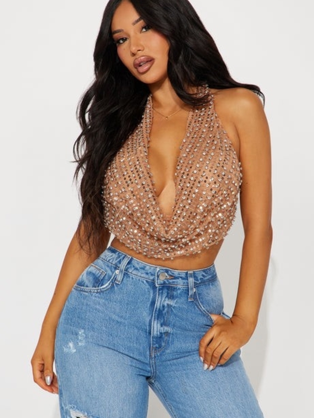 Fashion Nova Sequin Halter Crop Top